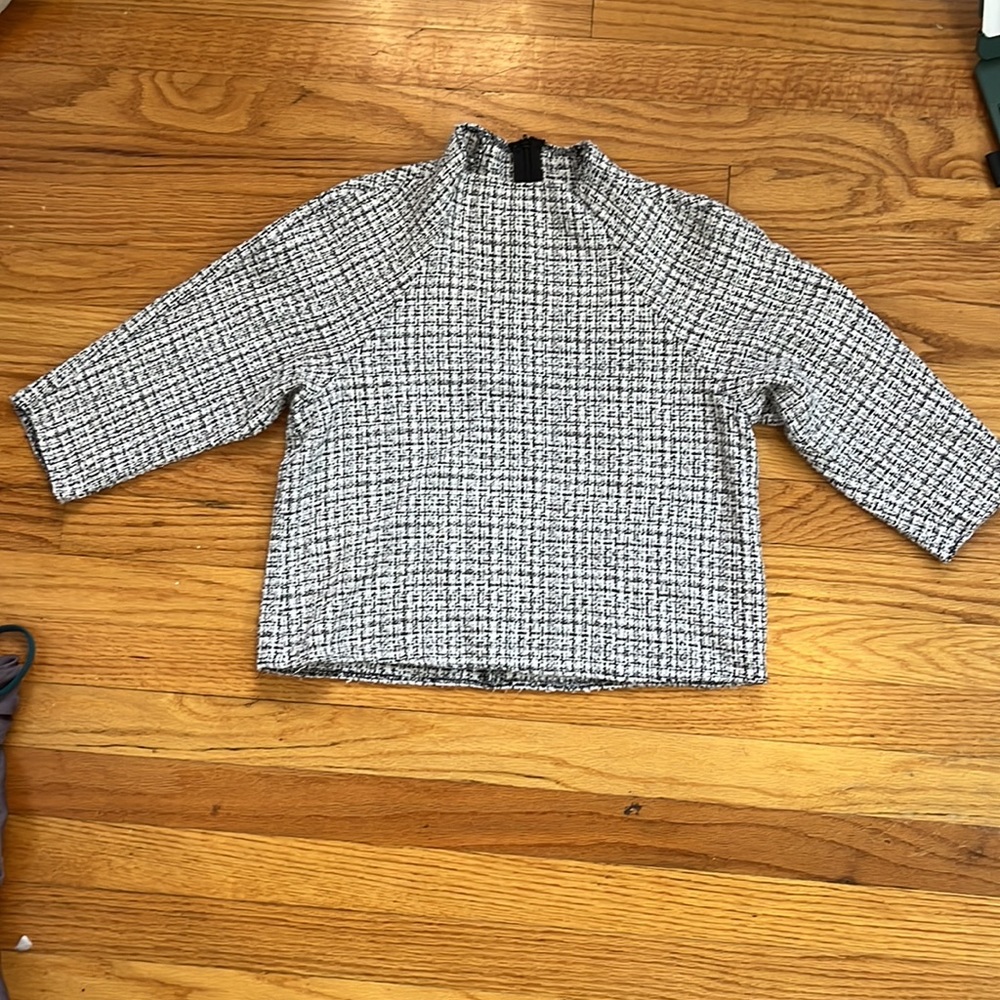 Zara Black and White Tweed mockneck Top Size XS